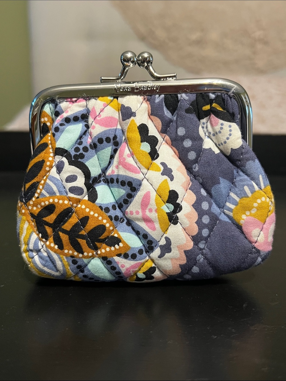 Vera Bradley Quilted Kiss Lock Coin Purse in Navy Multi Floral